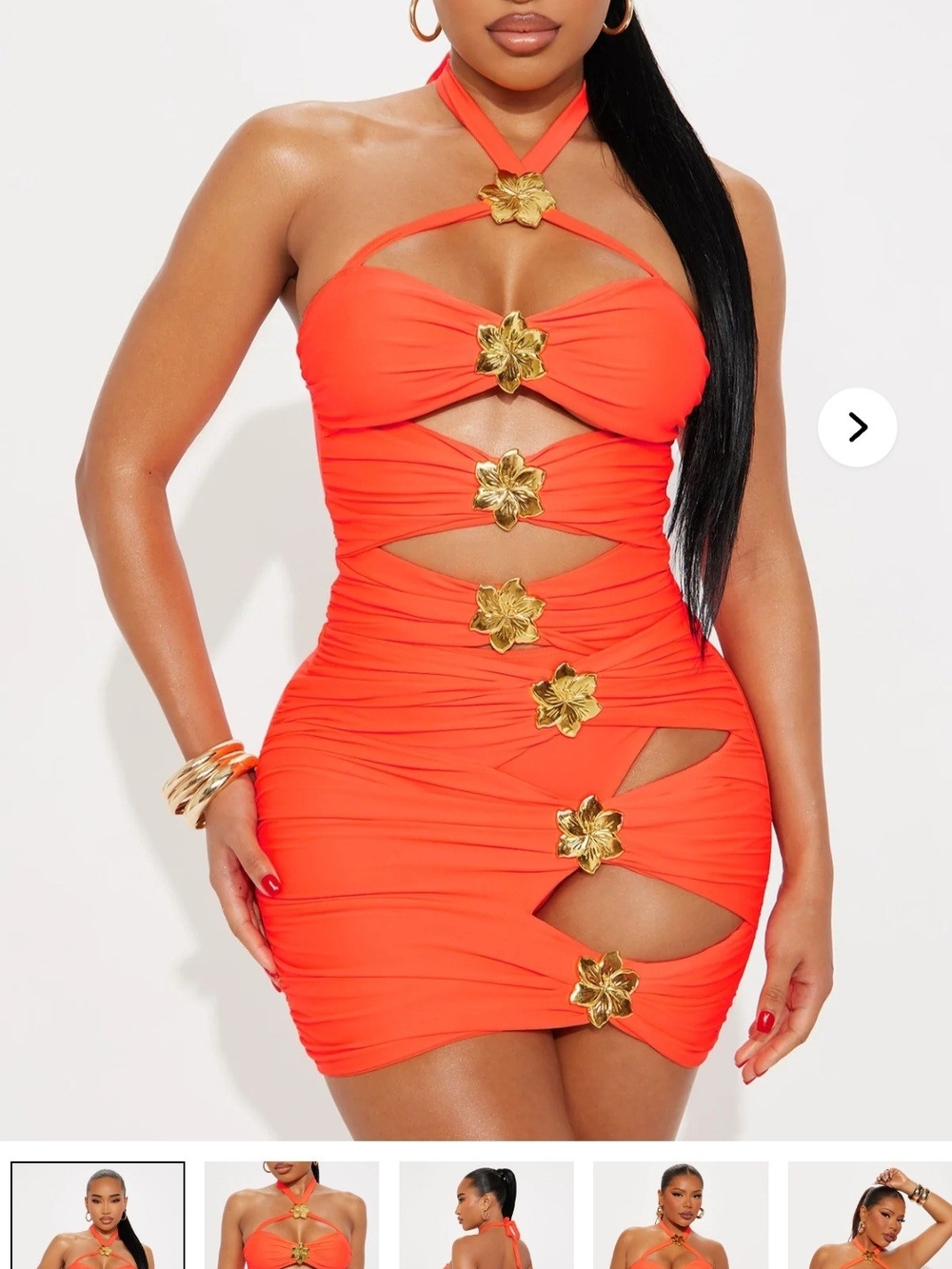 Fashion Nova Orange Halter Cutout One Piece Swim with Gold Floral Accents
